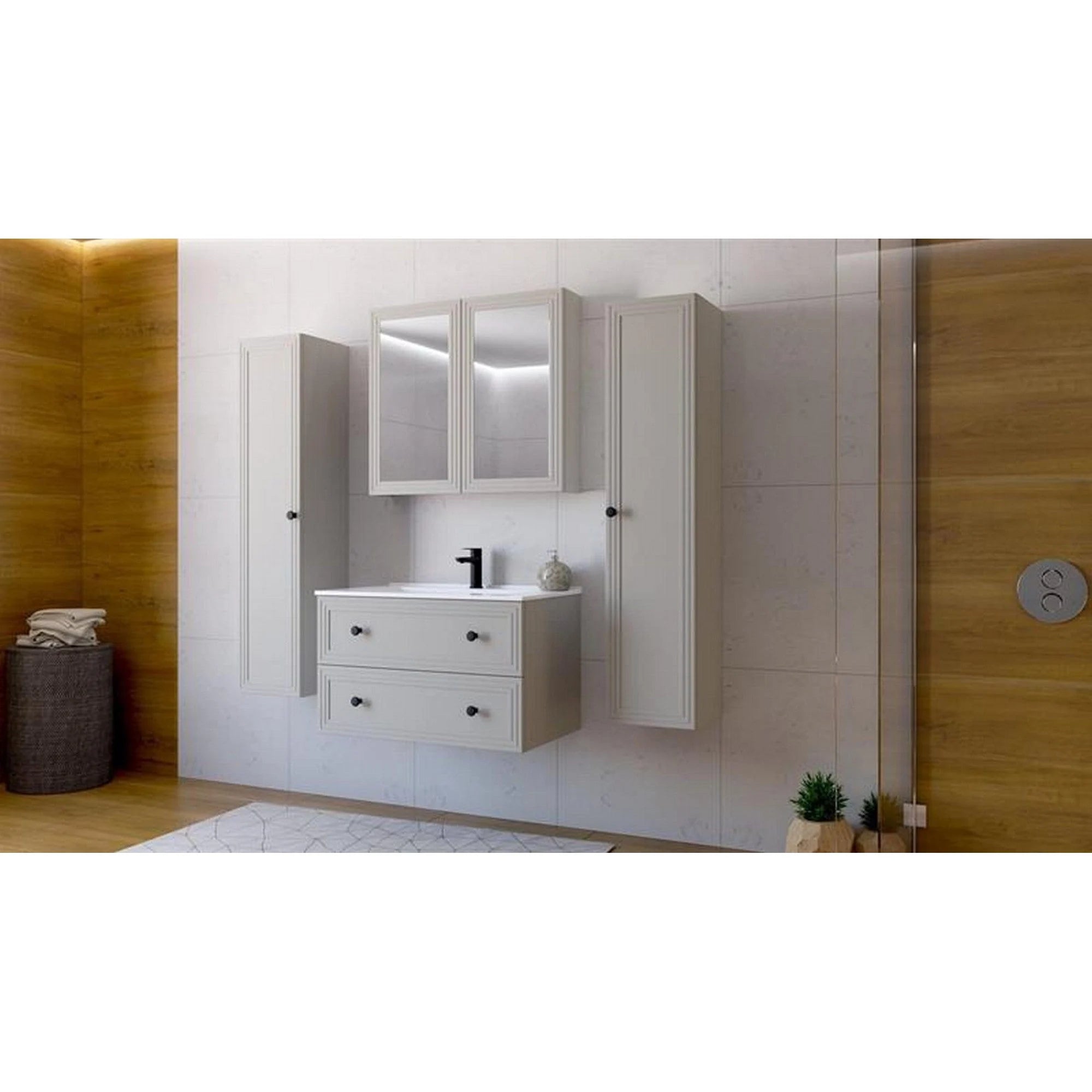 Dulap baie TORETO, casmir mat, PAL laminat, cu oglinzi, 80x15x70 cm