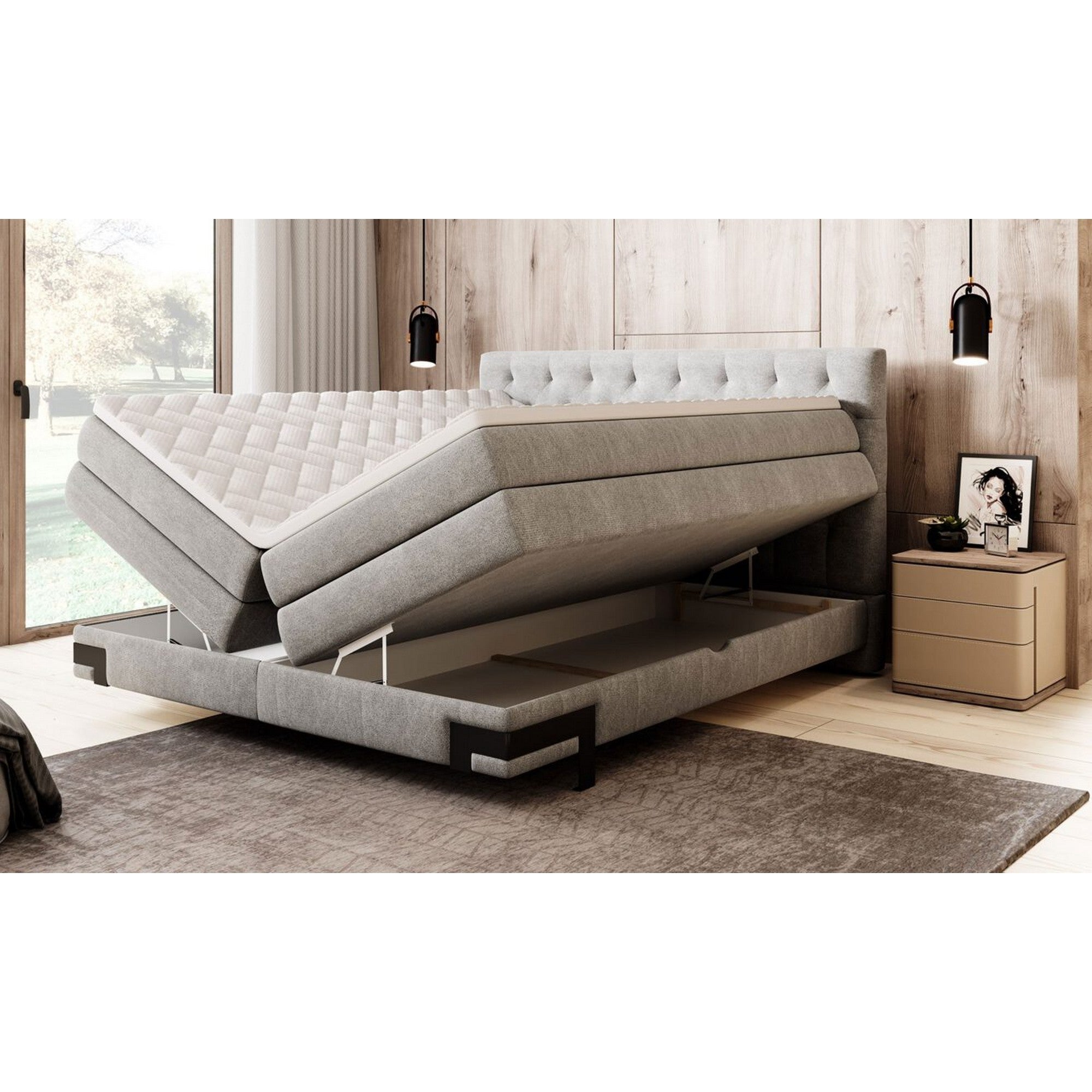 Pat boxspring GODIN 180x200, personalizabil materiale Gama Premium, 2 lazi depozitare, cu saltele si topper