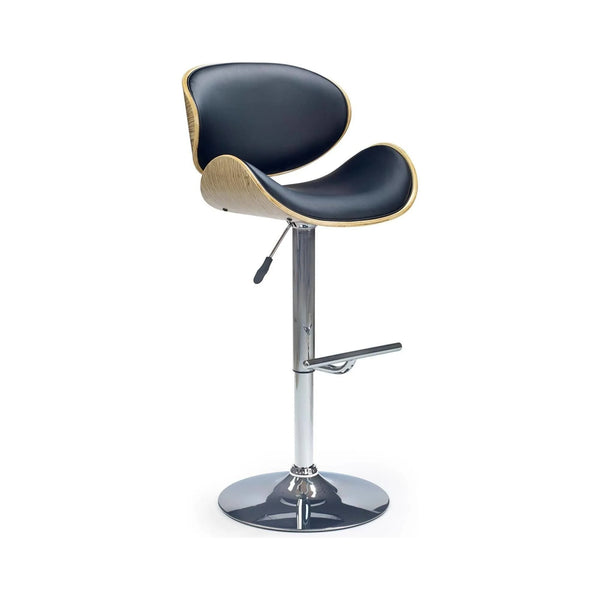 Scaun bar H44, negru/stejar deschis/crom, piele ecologica/placaj indoit/otel, 53x48x93/115 cm