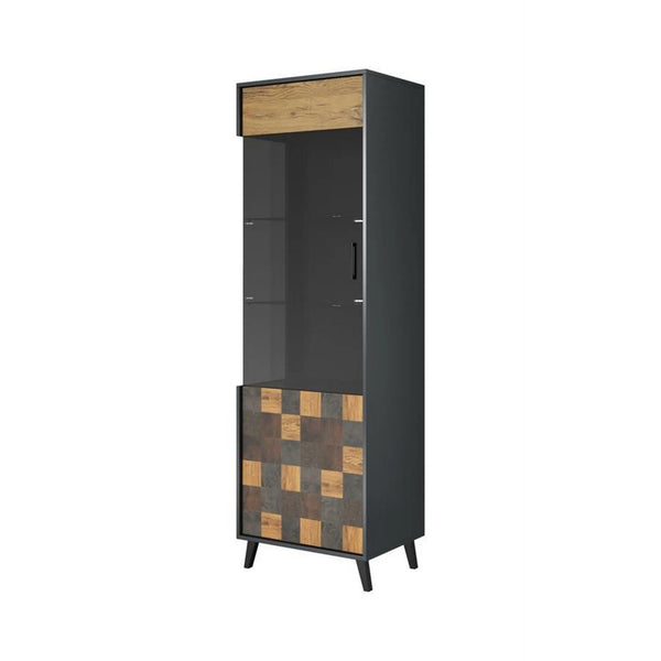 Vitrina SOUL, gri antracit/stejar, PAL laminat/metal, 60x45x192 cm