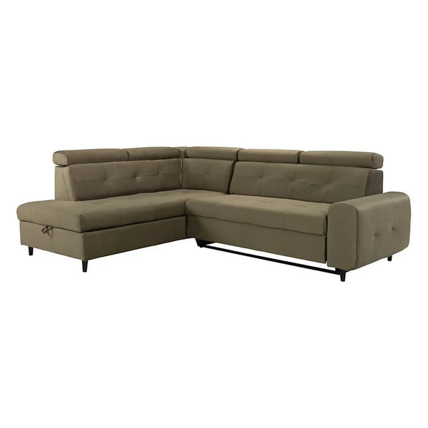 Coltar extensibil MATRAS, sezlong stanga, stofa catifelata verde olive - Letto 38, cu lada depozitare si tetiere reglabile, 263x205x98 cm