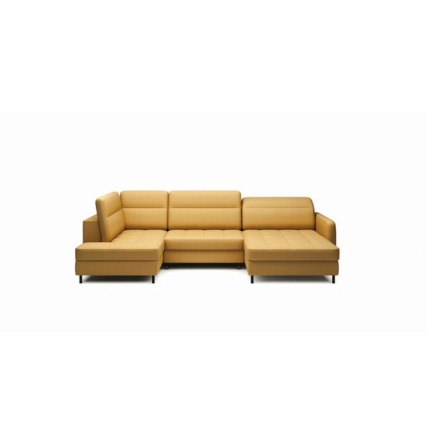 Coltar extensibil BERRTO, sezlong dreapta, stofa catifelata galben - Manhattan 45, cu tetiere reglabile si lada depozitare, 306x165x100 cm