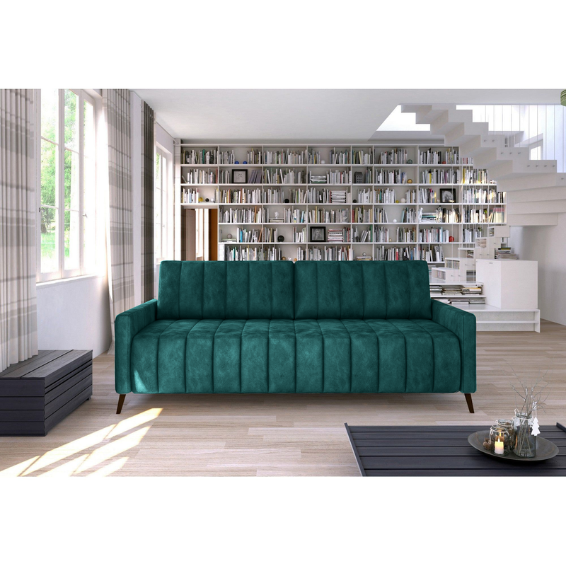 Canapea extensibila Molly, stofa catifelata verde inchis - Terra 75, Gama Premium, cu lada depozitare, 226x101x91 cm