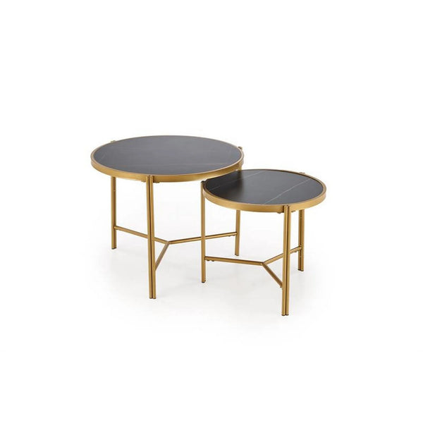 Set 2 masute cafea FATIMA, negru cu efect de marmura/auriu, ceramica/metal