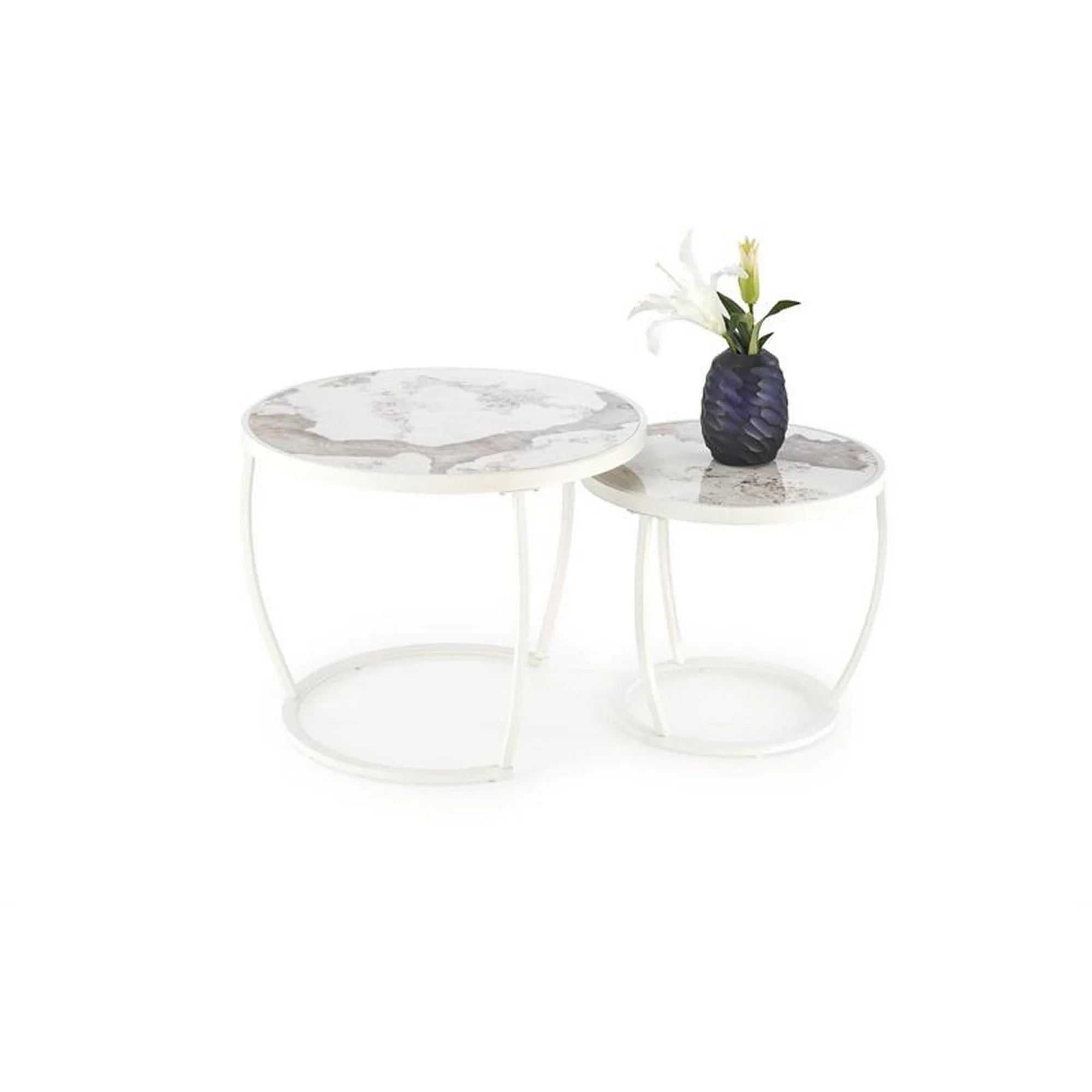 Set 2 masute cafea INES, bej cu efect de marmura/alb, ceramica/metal