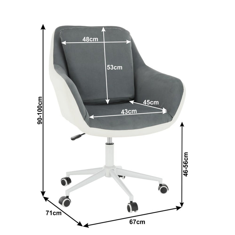 Scaun birou IMELDA, alb/gri/crom, piele ecologica/stofa catifelata/metal, 67x71x90/100 cm