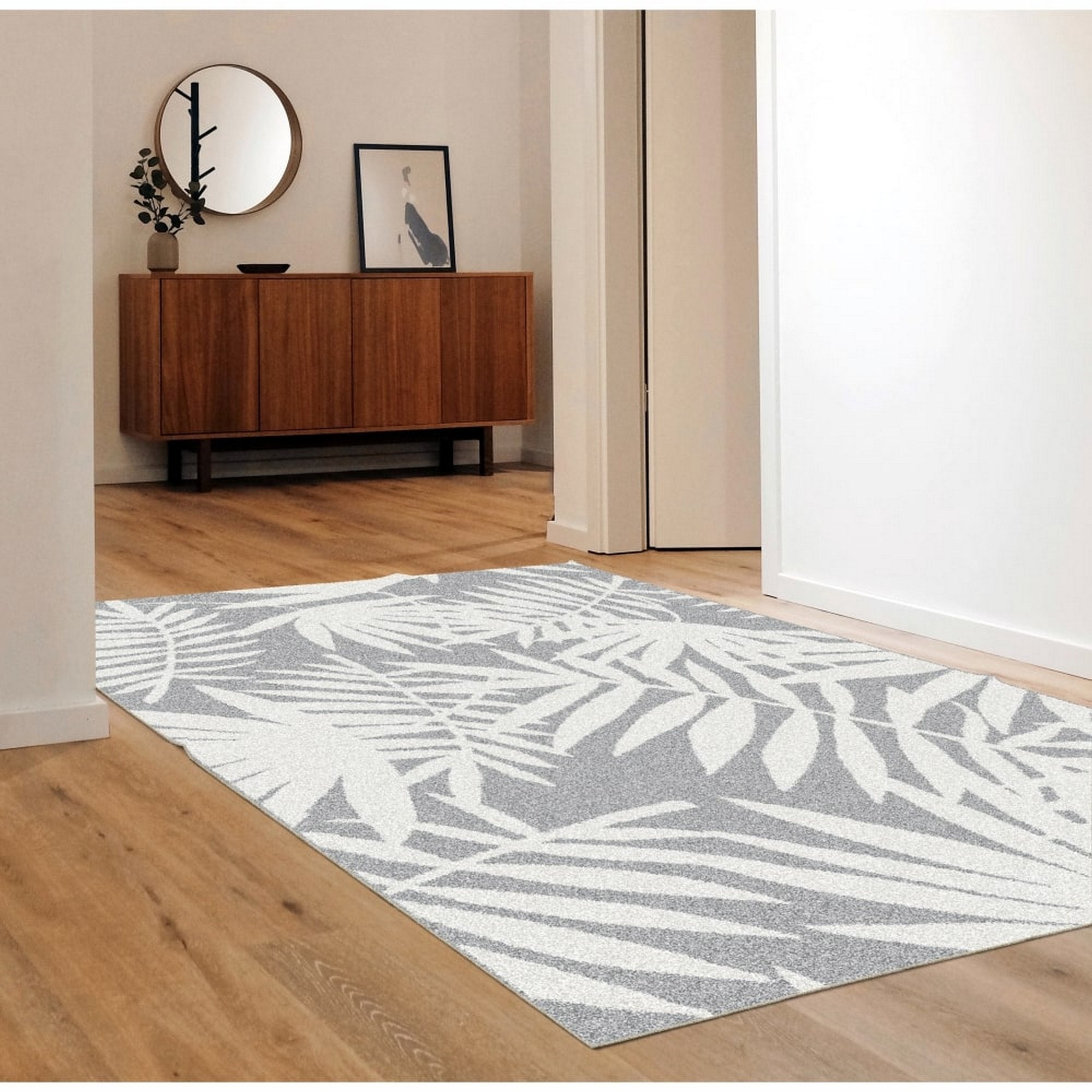 Covor INTISAR, 100x150 cm, forma dreptunghiulara, poliester, gri/model frunze