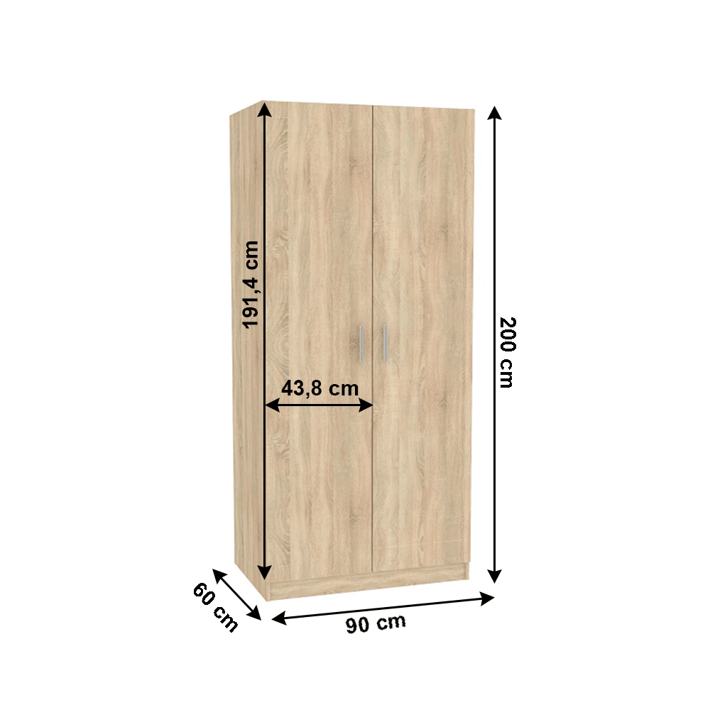 Dulap INVITA, stejar sonoma, PAL melaminat, cu 2 usi, 90x60x200 cm