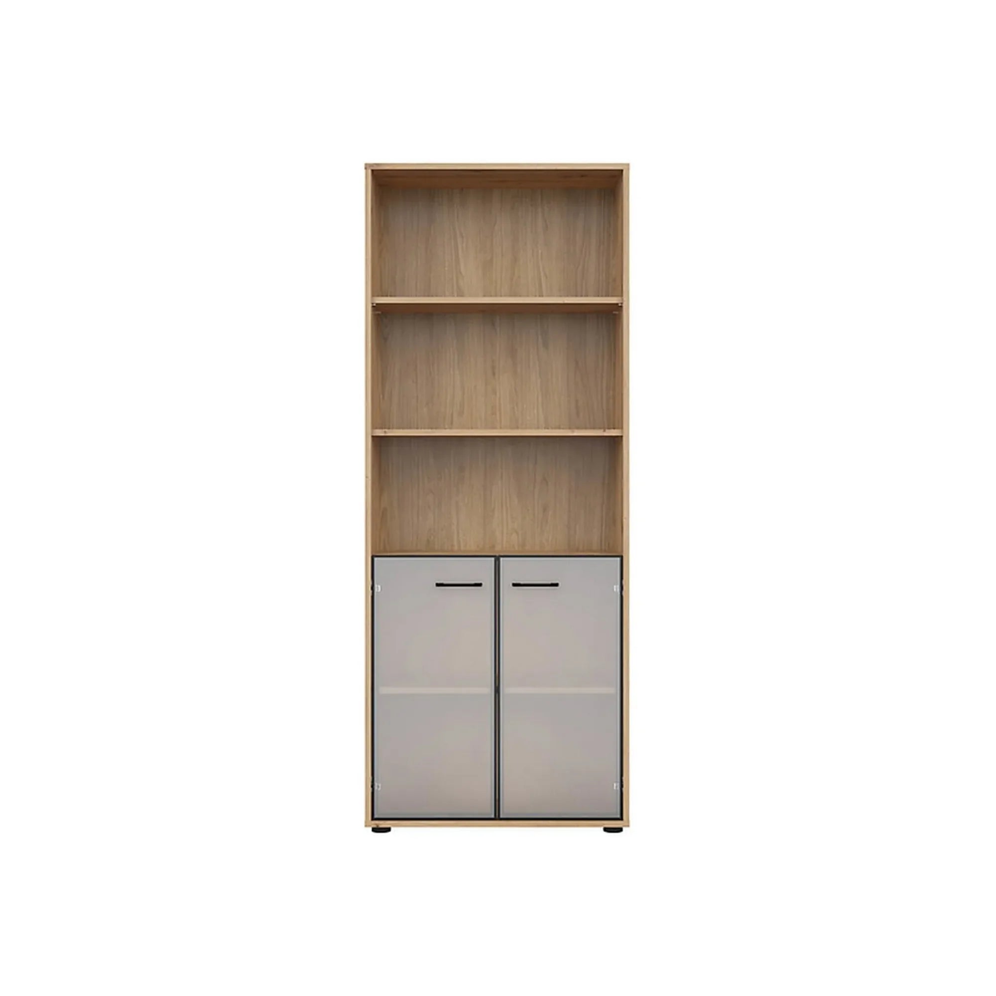 Vitrina SPACE OFFICE, stejar artisan/negru fumuriu, PAL laminat/sticla, cu 2 usi si 3 rafturi, 80x38x203 cm