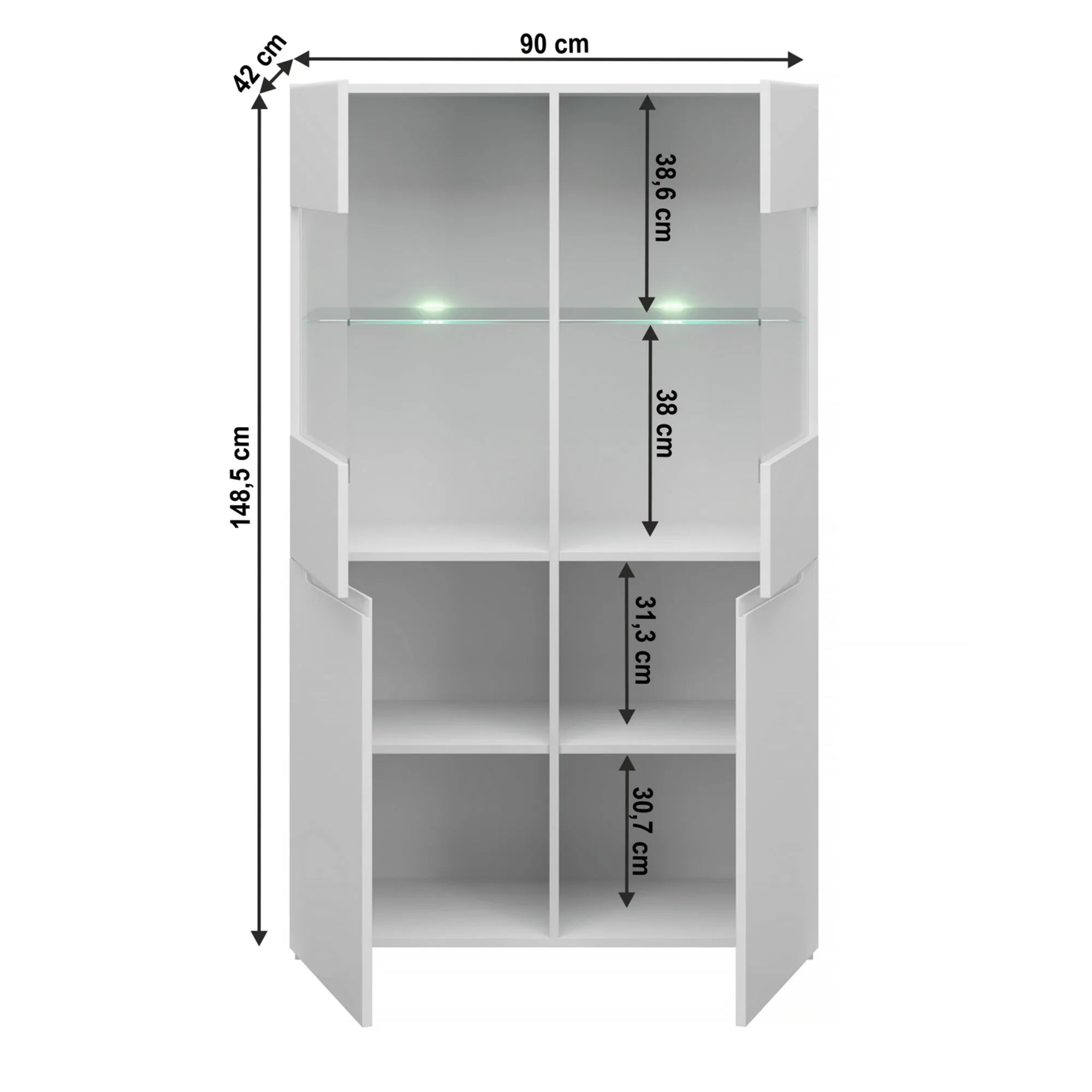 Vitrina JOLK 2D2W, alb lucios, DTD laminat/sticla, 90x42x149 cm