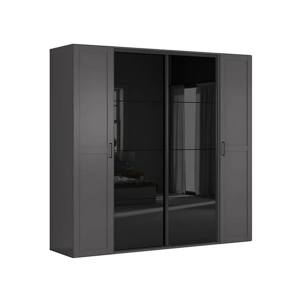 Dressing FLEX, gri grafit/negru lucios, PAL, cu 4 usi glisante, 220x66x218 cm