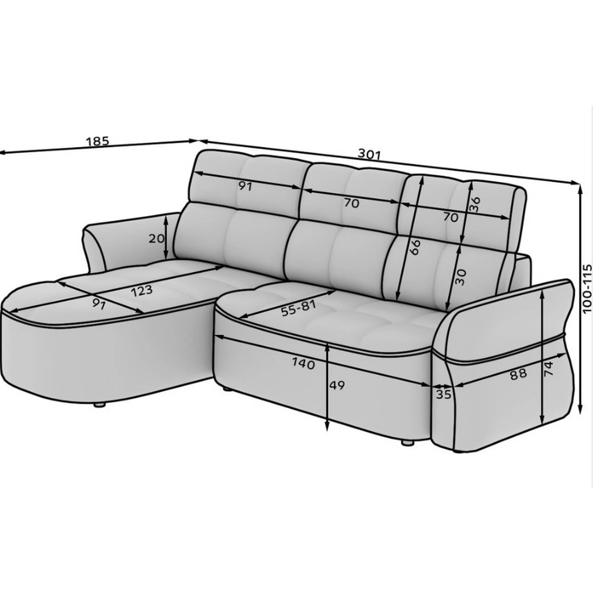 Coltar BENETH, sezlong stanga, stofa clasica gri - Breona 04, cu reglaj electric, tetiere reglabile si lada depozitare, 301x185x115 cm