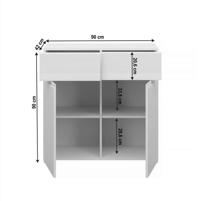 Comoda JOLK 2D2S, alb/alb lucios, DTD laminat, 90x42x90 cm