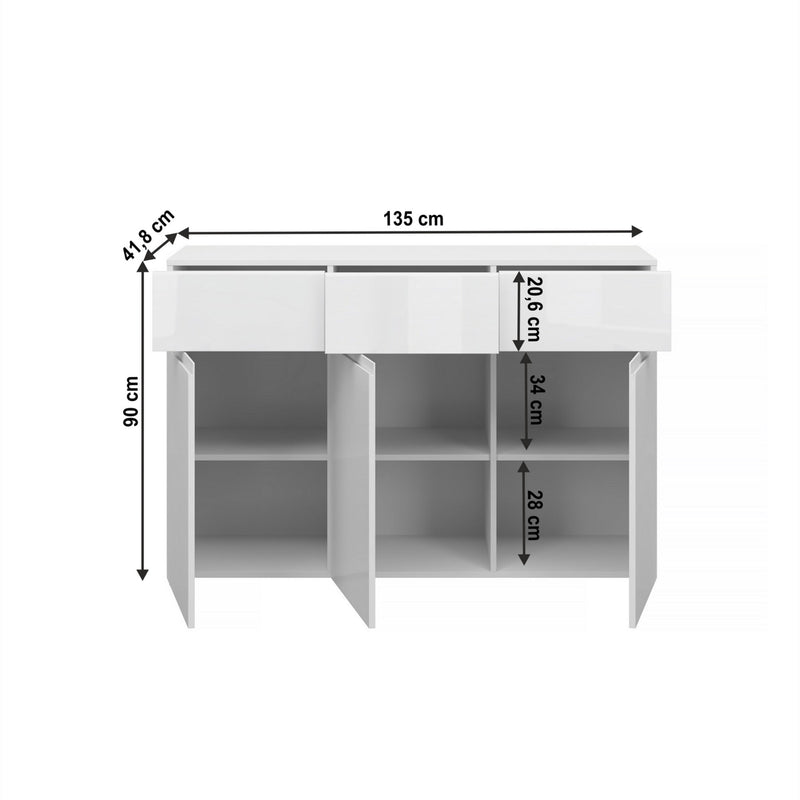 Comoda JOLK 3D3S, alb/alb lucios, DTD laminat, 135x42x90 cm