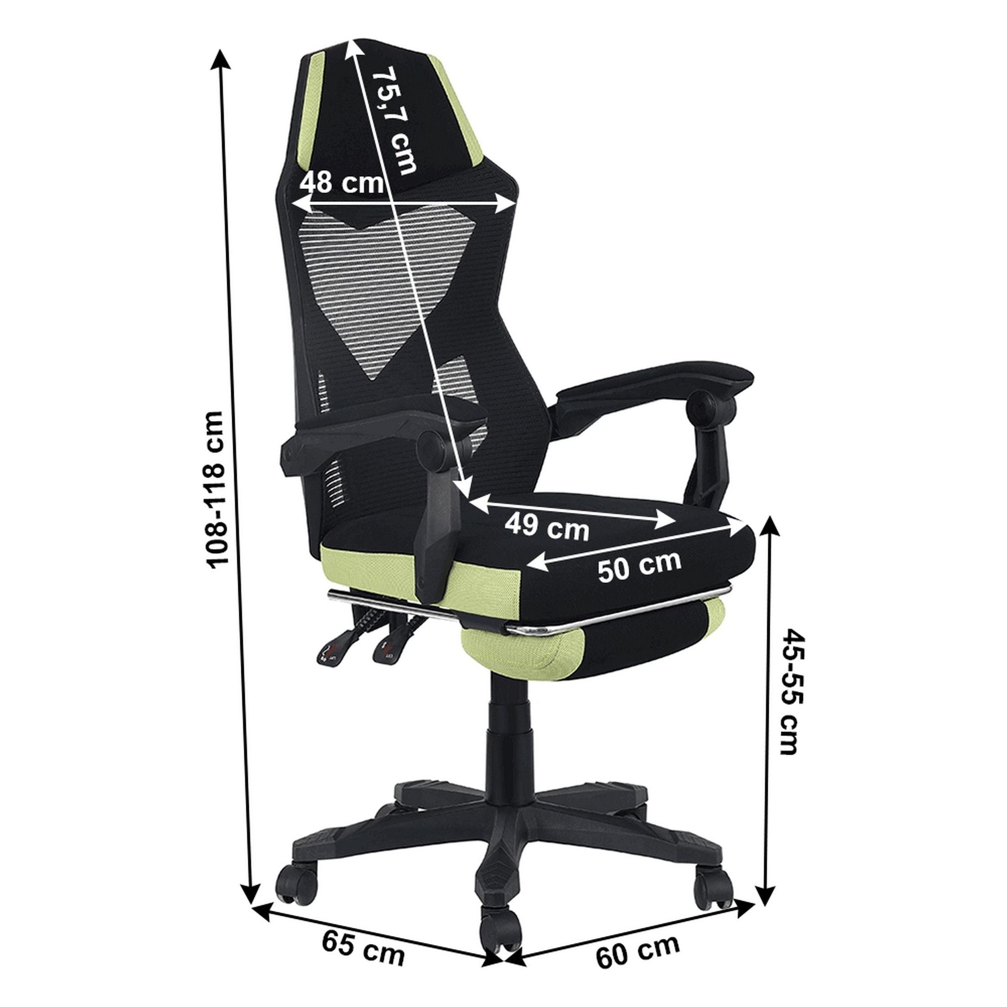 Scaun gaming JORIK NEW, negru/verde, plasa/plastic, 60x65x108/118 cm