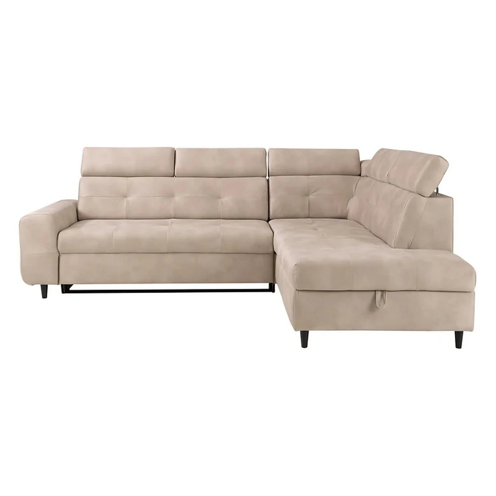 Coltar extensibil MATRAS, sezlong dreapta, stofa catifelata bej - Letto 11, cu lada depozitare si tetiere reglabile, 263x205x98 cm