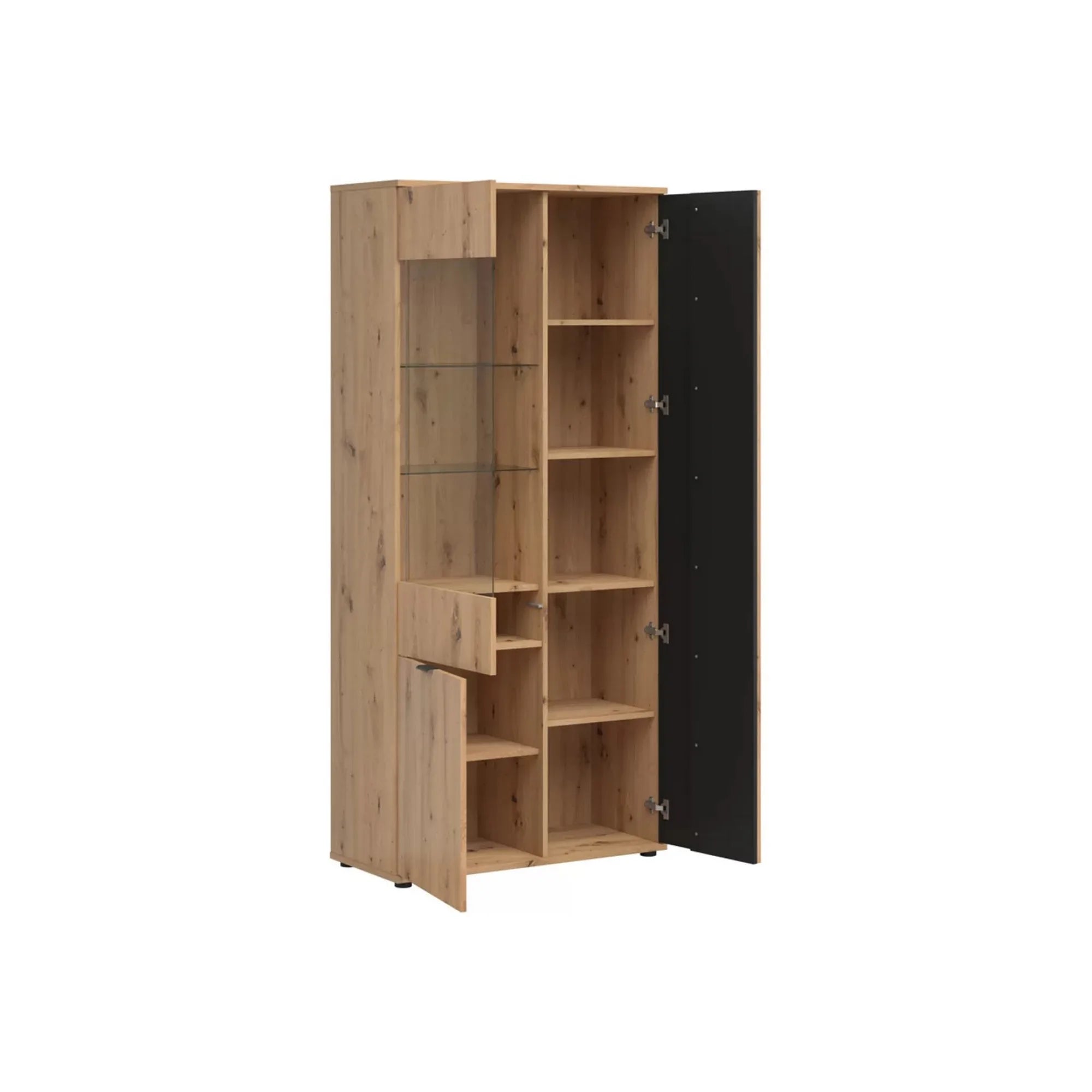 Vitrina VABRES, stejar artisan/negru mat, PAL laminat/sticla, 91x40x196 cm