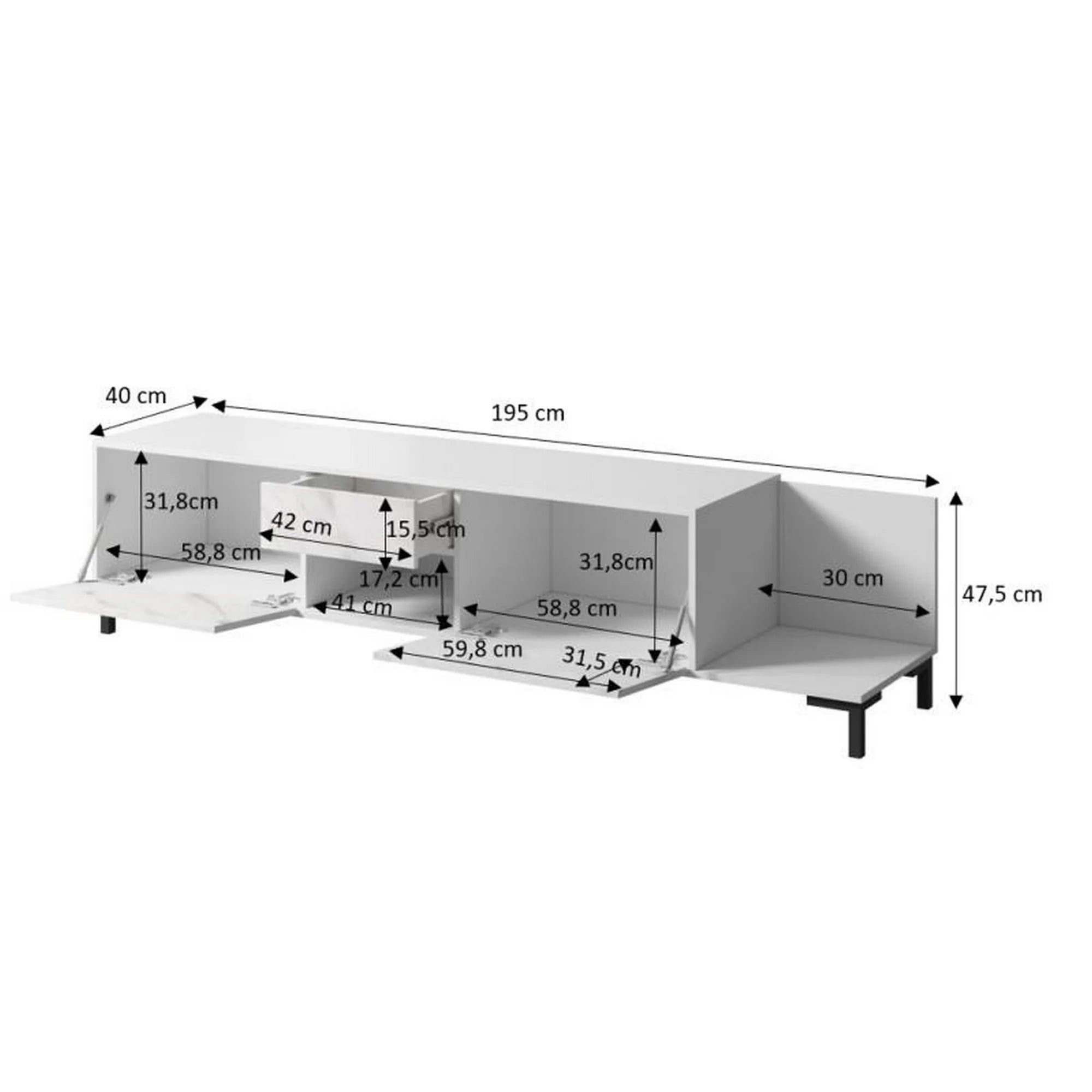 Comoda TV MARMO, alb, alb cu efect de marmura, PAL laminat, 195x40x48 cm