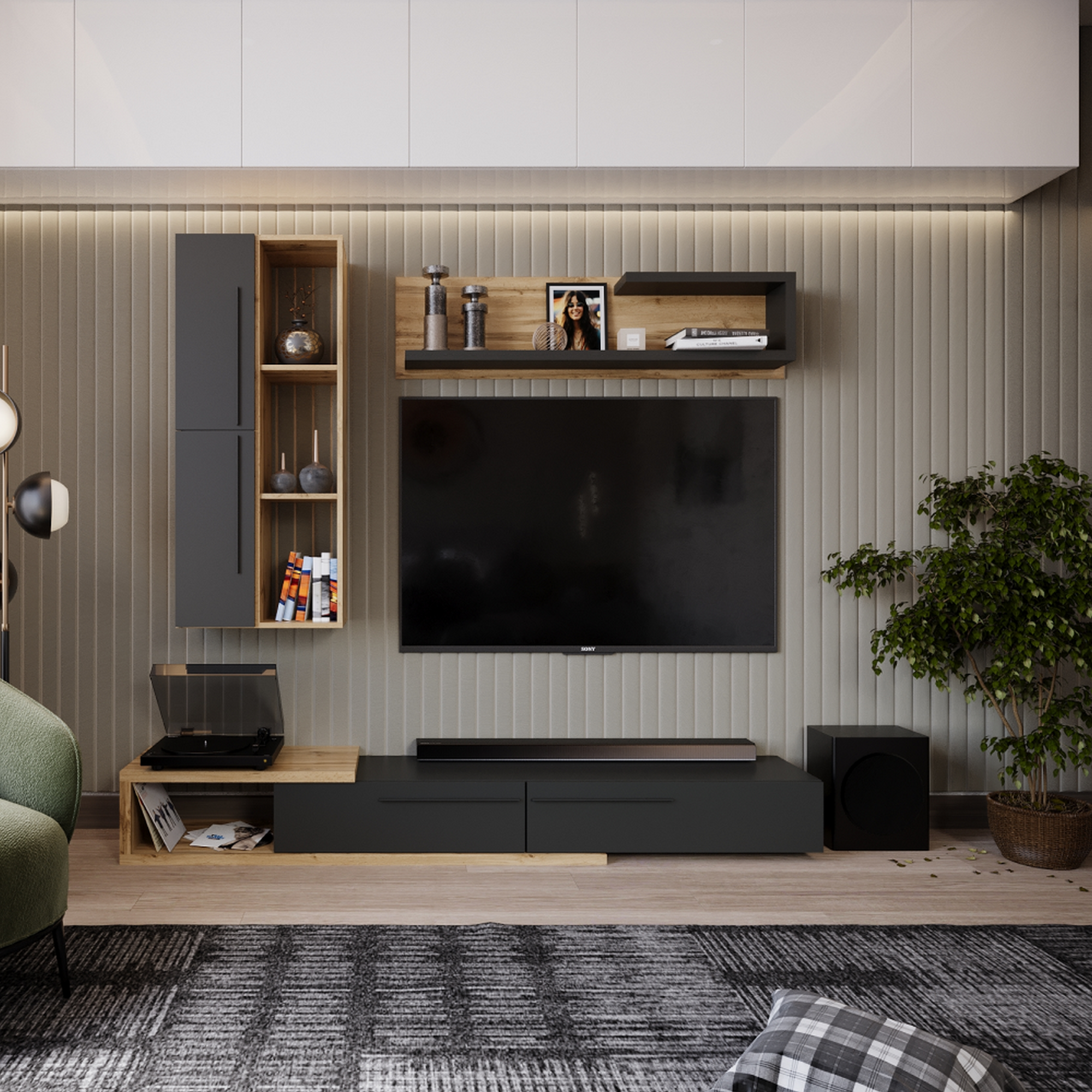 Mobilier living KALVADOS, stejar tacho/gri antracit, PAL melaminat, 3 piese, 210x38x200 cm