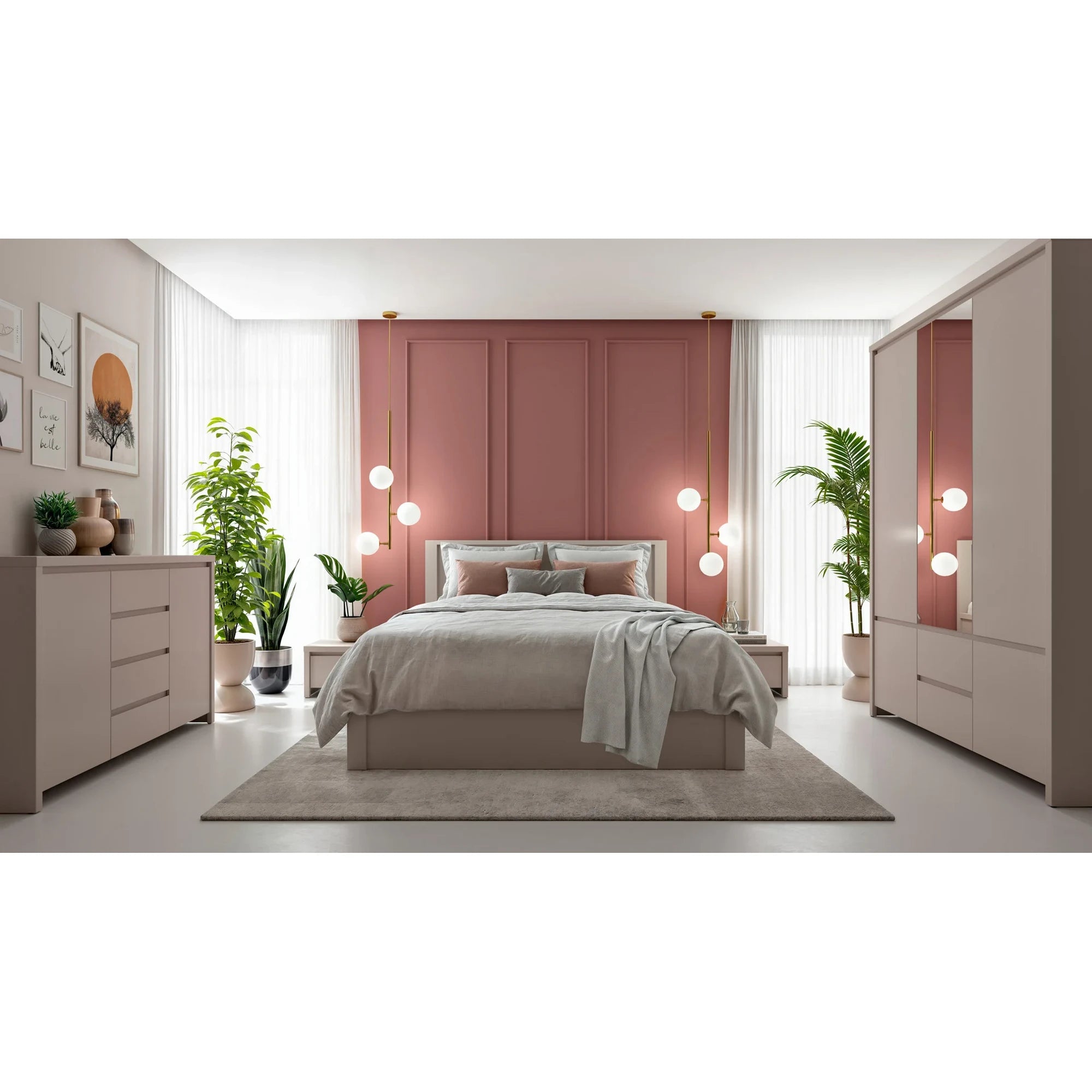 Set dormitor KASPIAN 1, casmir, pat 160x200, dulap cu 5 usi si 2 sertare, 2 noptiere si o comoda