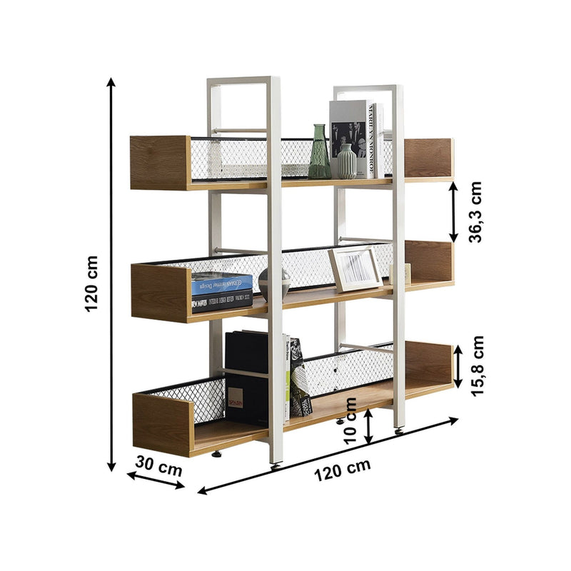 Etajera KILIS TIP 1, stejar/alb/negru, DTD laminat/folie metalica, 120x30x120 cm