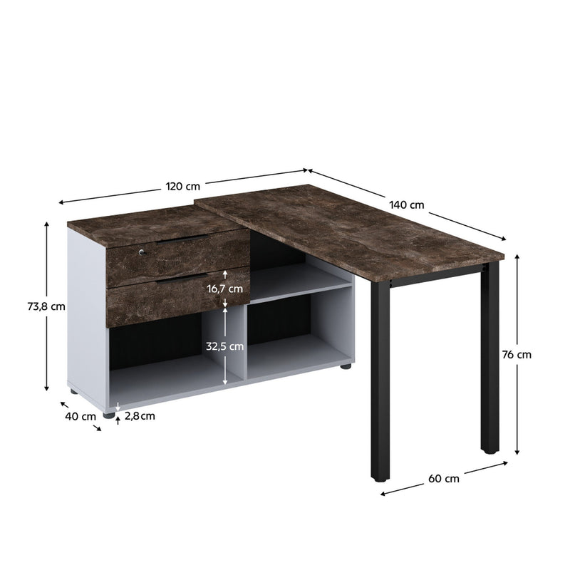 Birou de colt KLAUDIUS TIP 8, maro cu efect de marmura, DTD laminat, 140x120x76 cm