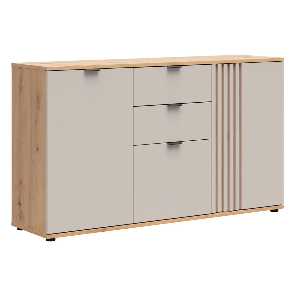 Set dormitor BREVOS, stejar artisan/casmir, pat 160x200, dulap cu 3 usi si 3 sertare, 2 noptiere si o comoda