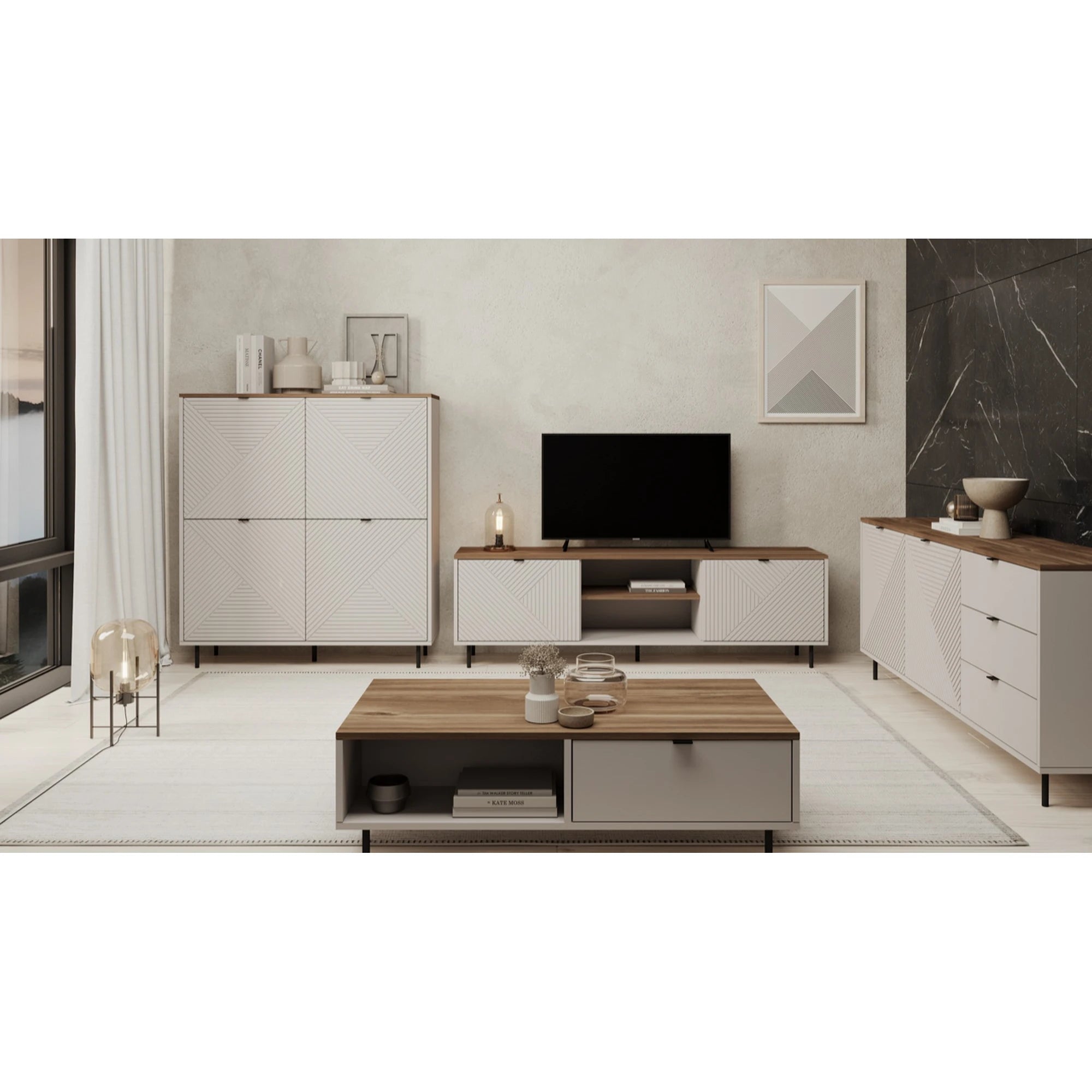 Comoda moderna living EVO, casmir/stejar, PAL laminat, 183x40x75 cm