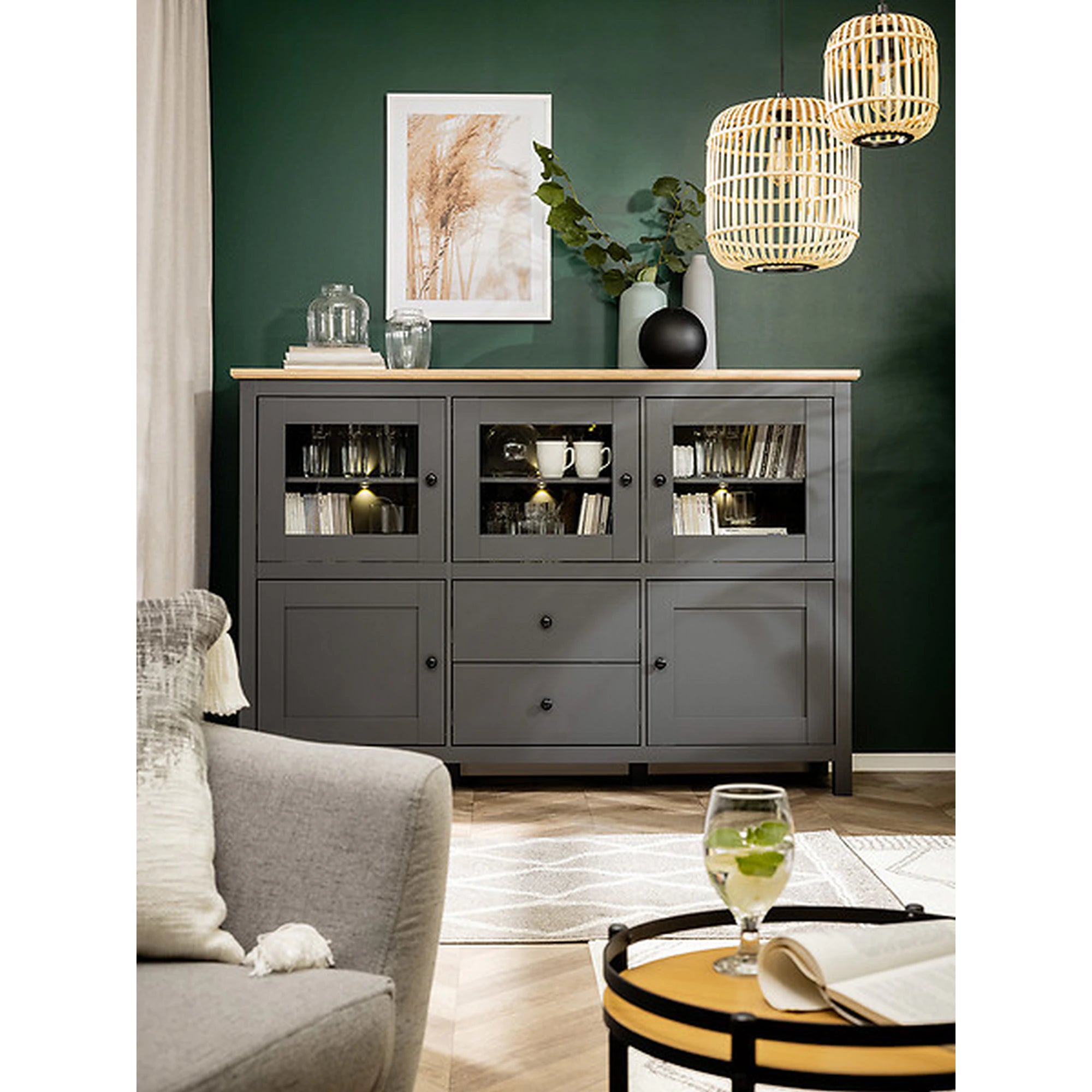 Comoda HESEN, gri grafit/stejar artisan, PAL melaminat/sticla, cu iluminare LED, 186x44x126 cm