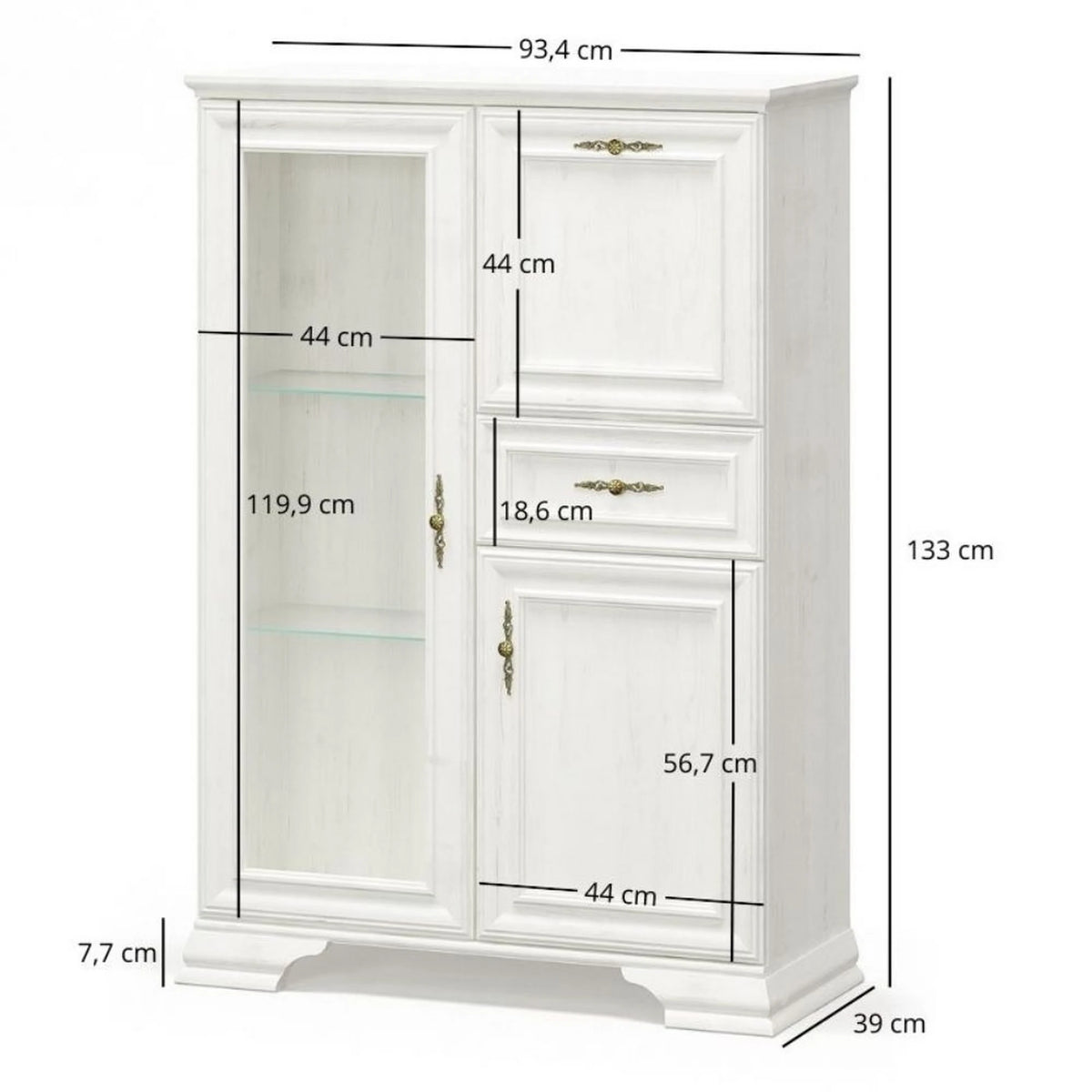 Vitrina living clasica IRYS, pin alb anderson, PAL laminat, 93x39x133 cm
