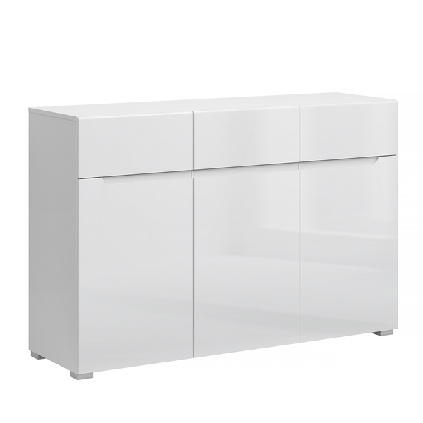 Comoda JOLK 3D3S, alb/alb lucios, DTD laminat, 135x42x90 cm