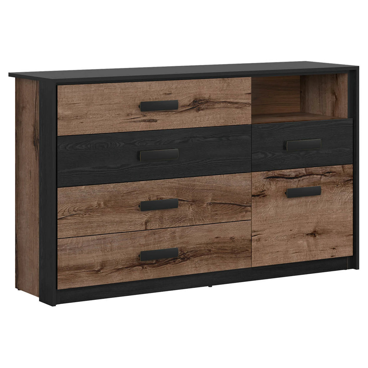 Set dormitor KASSEL, stejar/negru, pat 160x200 cu noptiere, dulap cu 2 usi si comoda