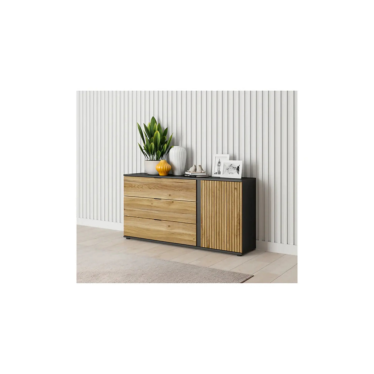 Comoda LUEN, stejar/negru, PAL laminat, 144x40x77 cm