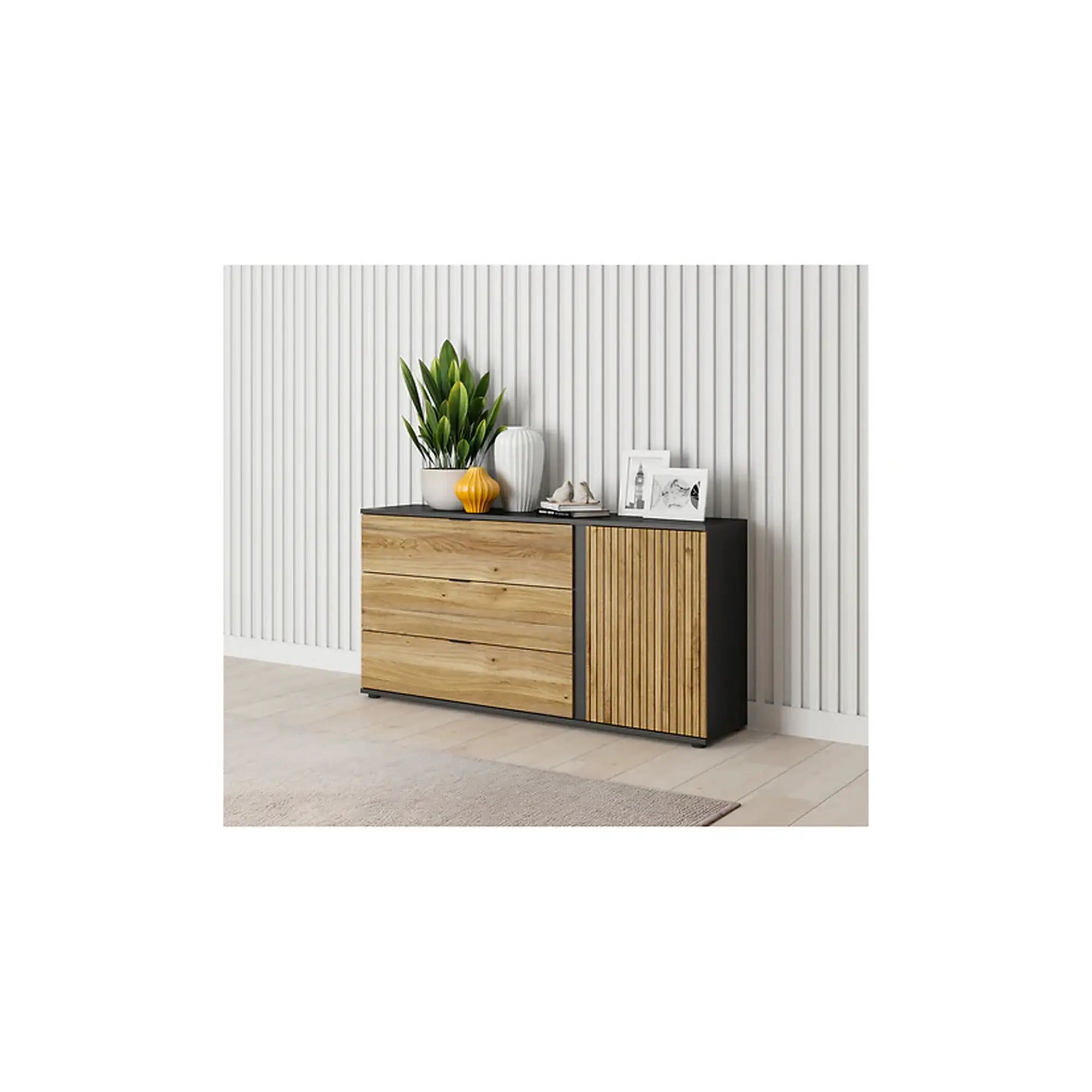 Comoda LUEN, stejar/negru, PAL laminat, 144x40x77 cm