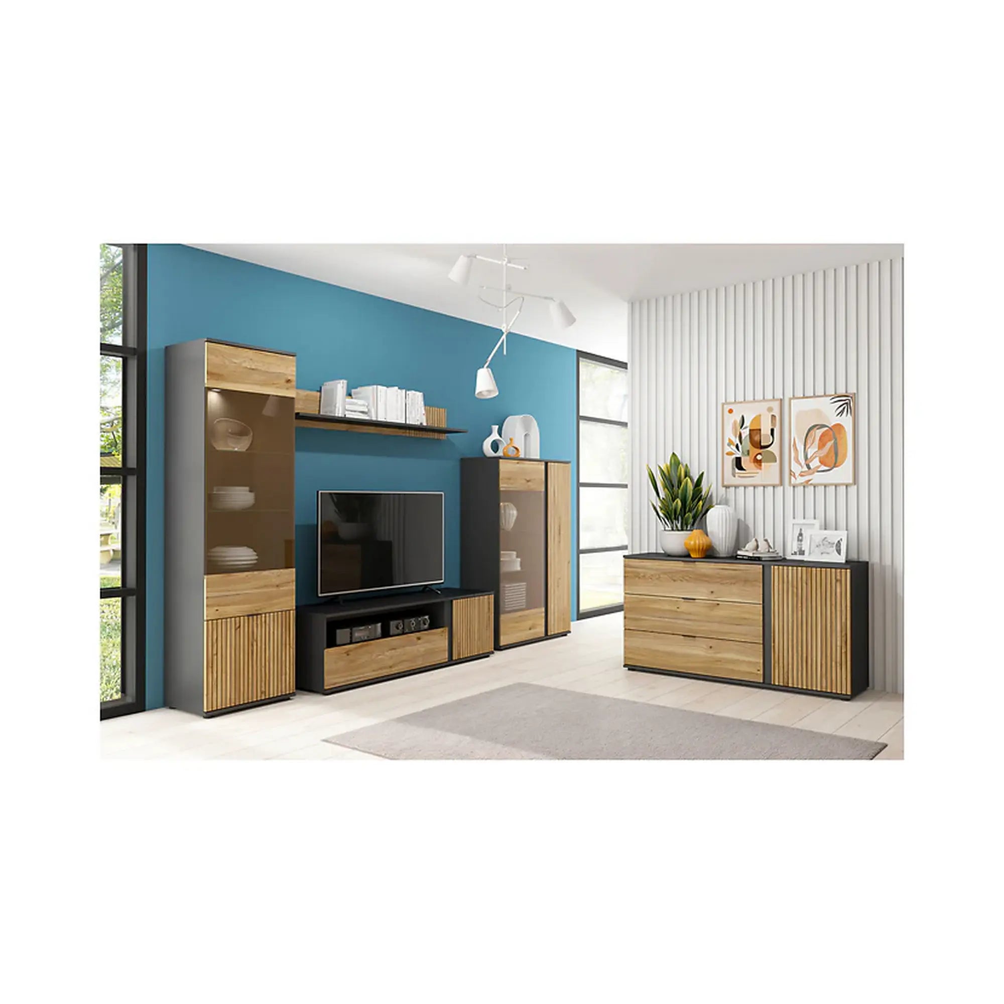 Comoda LUEN, stejar/negru, PAL laminat, 144x40x77 cm