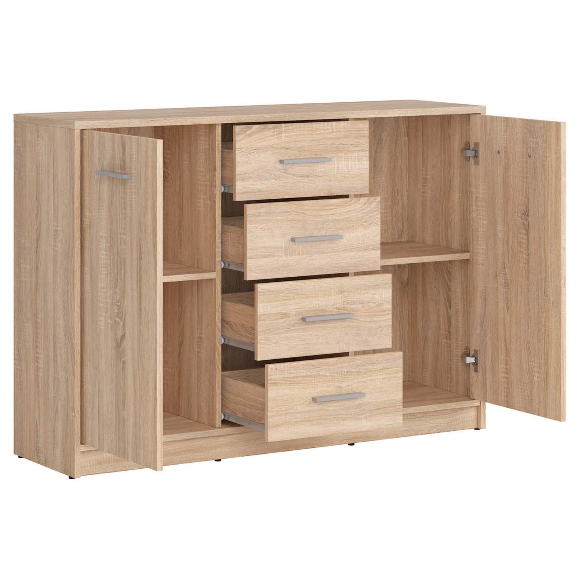 Set dormitor NEPO PLUS, stejar sonoma, pat 140x200, dulap cu 2 usi, 2 comode si noptiera