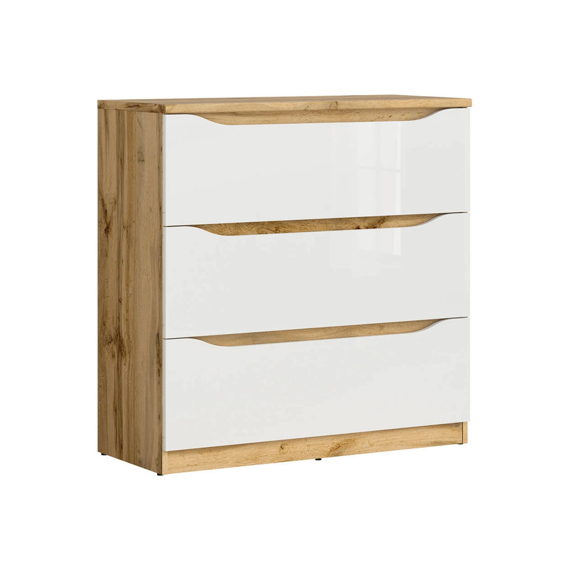 Set dormitor NUIS, stejar wotan/alb lucios, pat 160x200, dulap cu 4 usi, 2 noptiere si o comoda