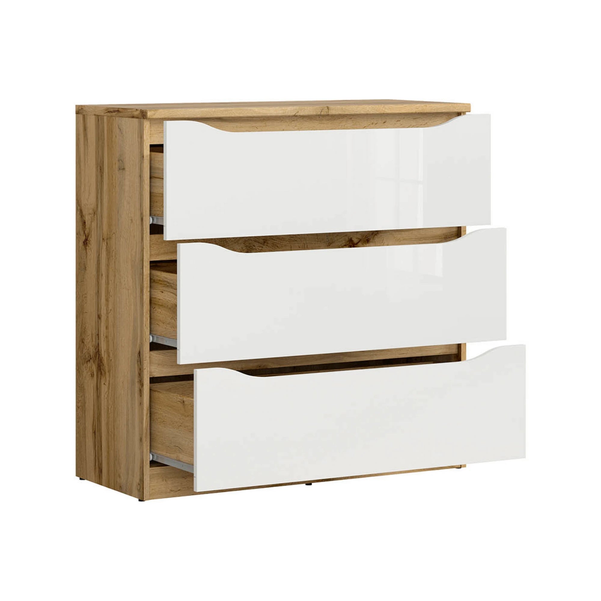 Set dormitor NUIS, stejar wotan/alb lucios, pat 160x200, dulap cu 4 usi, 2 noptiere si o comoda