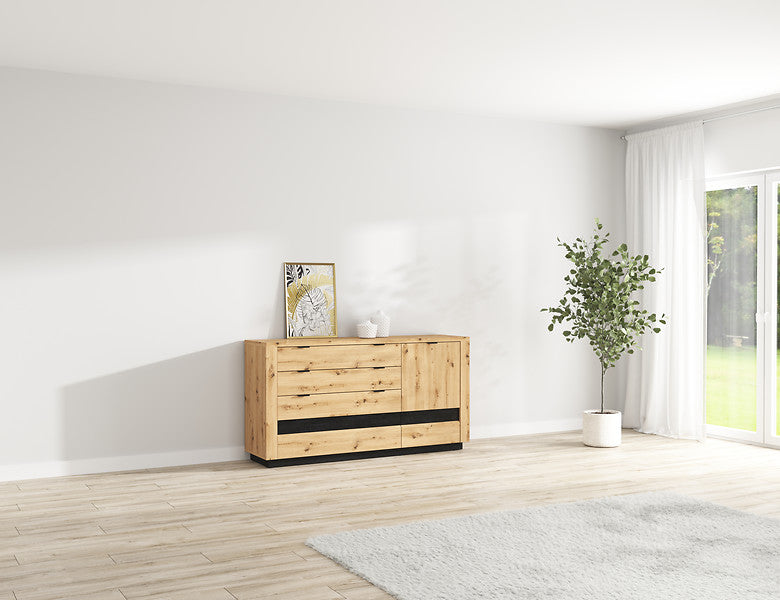 Comoda OSTIA, stejar artisan/negru, PAL, 161x42x85 cm