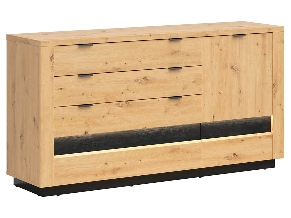 Set dormitor OSTIA, stejar artisan/negru, pat 160x200, dulap cu 2 usi si 2 sertare, comoda si noptiera