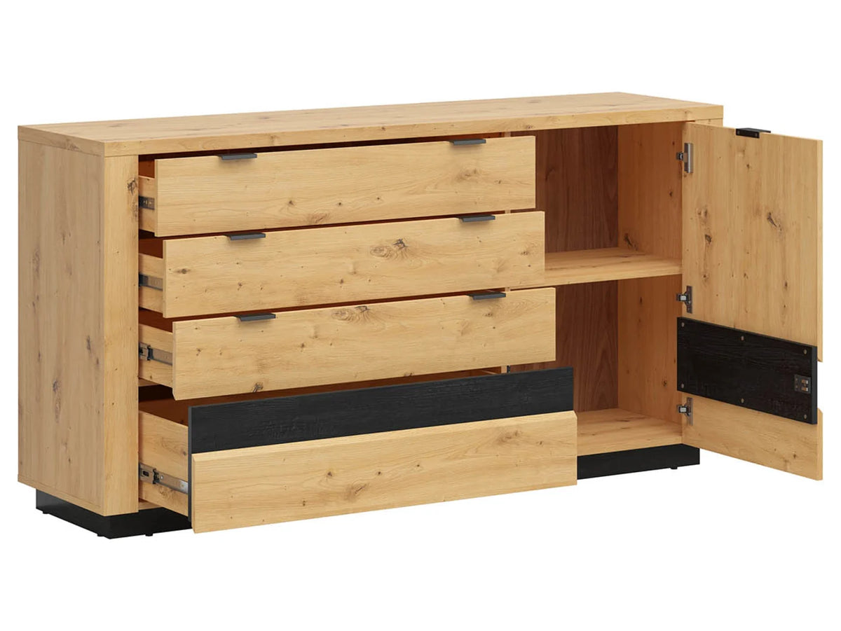 Set dormitor OSTIA, stejar artisan/negru, pat 160x200, dulap cu 2 usi si 2 sertare, comoda si noptiera
