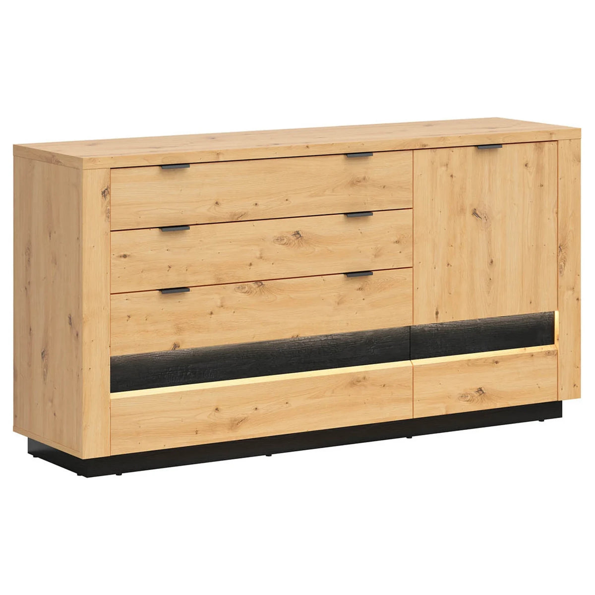 Pat OSTIA 160x200, stejar artisan/negru, PAL/stofa, cu somiera si spatiu de depozitare