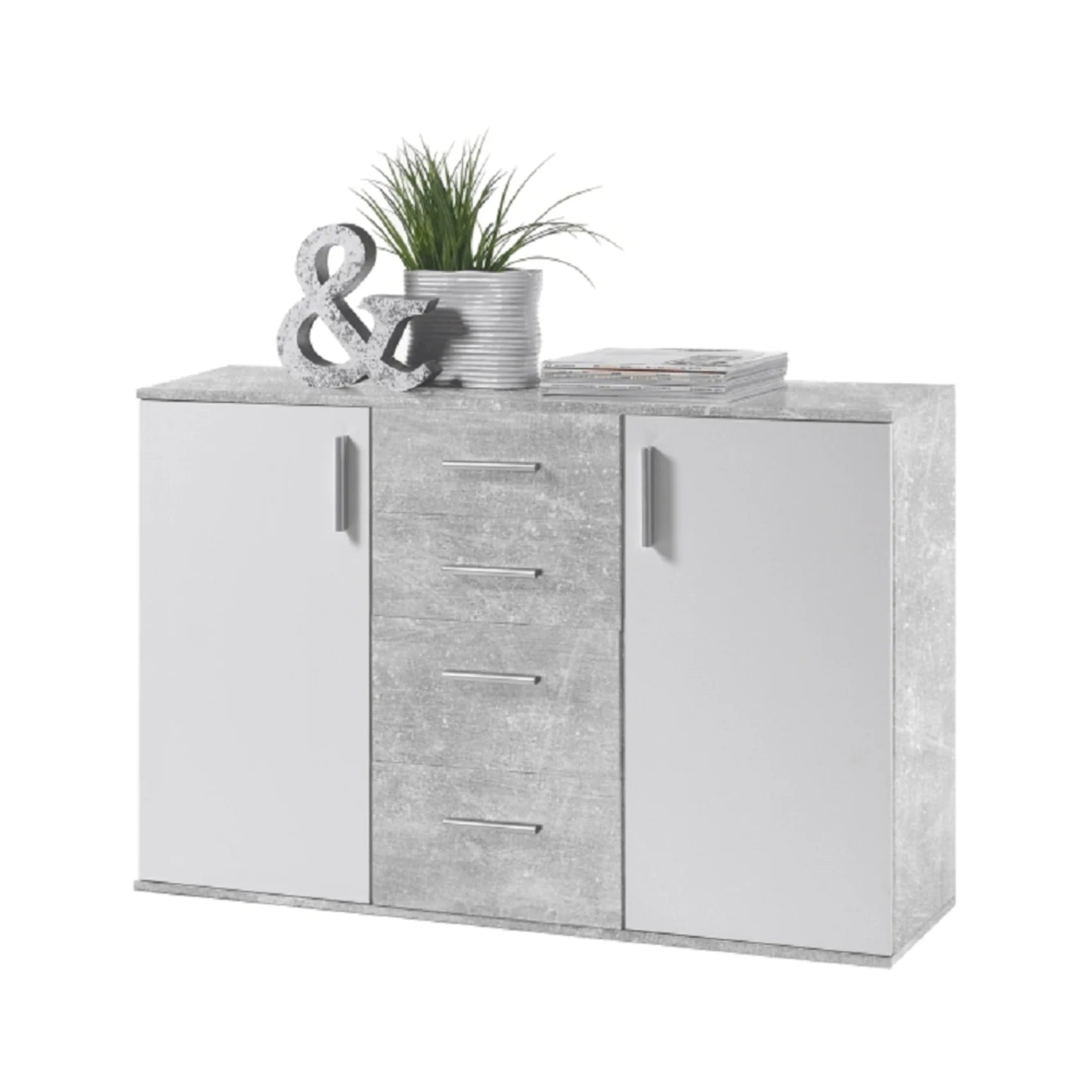 Comoda POPPY 5, alb/gri ciment, PAL melaminat, 120x35x82 cm