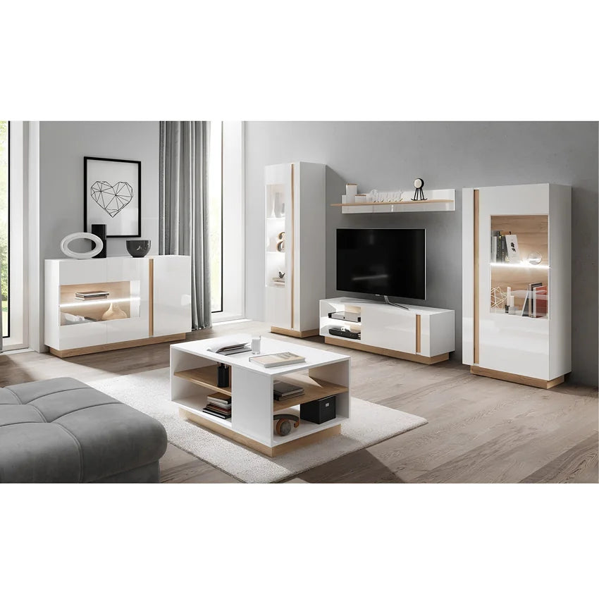 Comoda CITY, stejar grandson/alb lucios, PAL melaminat/sticla, cu iluminare LED, 138x40x91 cm