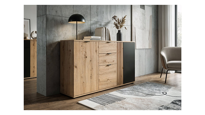 Comoda VABRES, stejar artisan/negru mat, PAL laminat, 151x40x87 cm