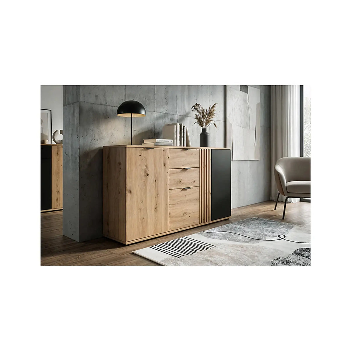 Comoda VABRES, stejar artisan/negru mat, PAL laminat, 151x40x87 cm