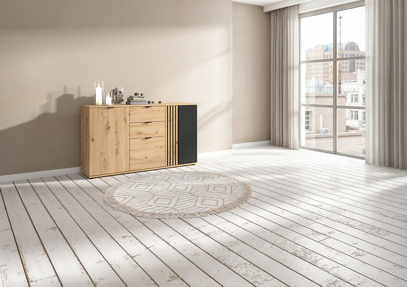 Comoda VABRES, stejar artisan/negru mat, PAL laminat, 151x40x87 cm