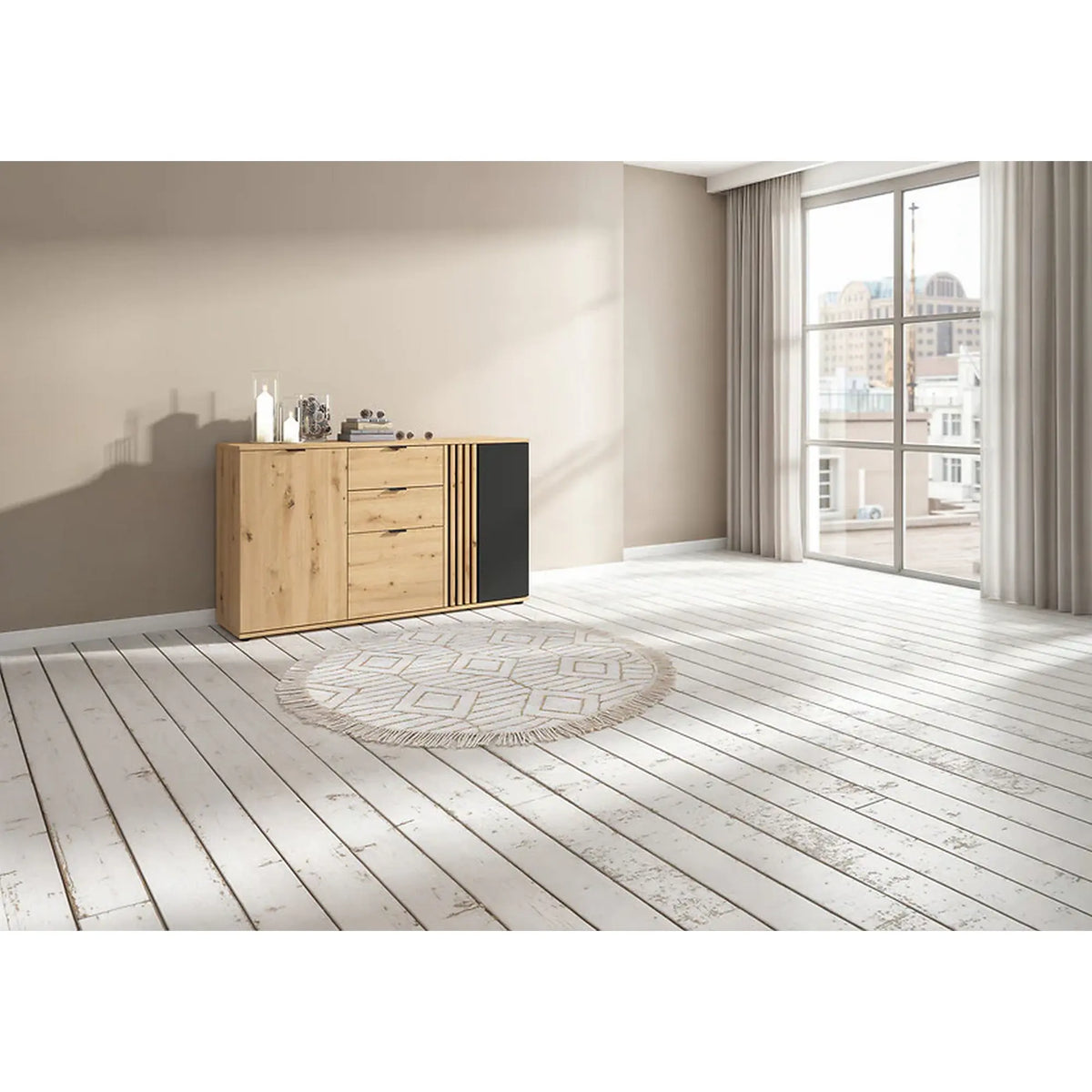 Comoda VABRES, stejar artisan/negru mat, PAL laminat, 151x40x87 cm