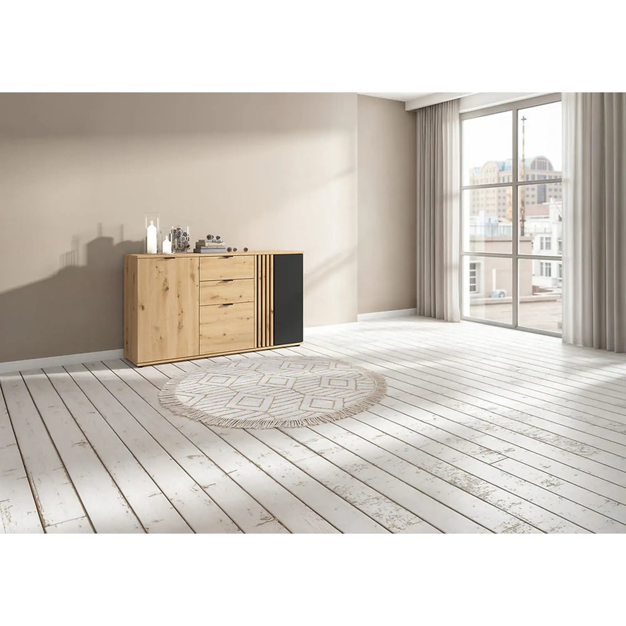 Comoda VABRES, stejar artisan/negru mat, PAL laminat, 151x40x87 cm