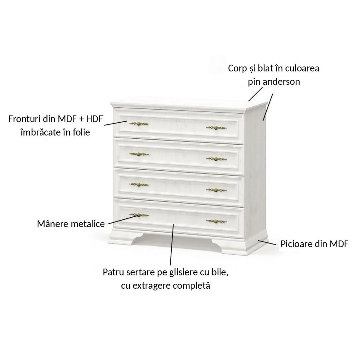 Comoda pin alb anderson IRYS, PAL laminat, cu 4 sertare, 93x39x89 cm